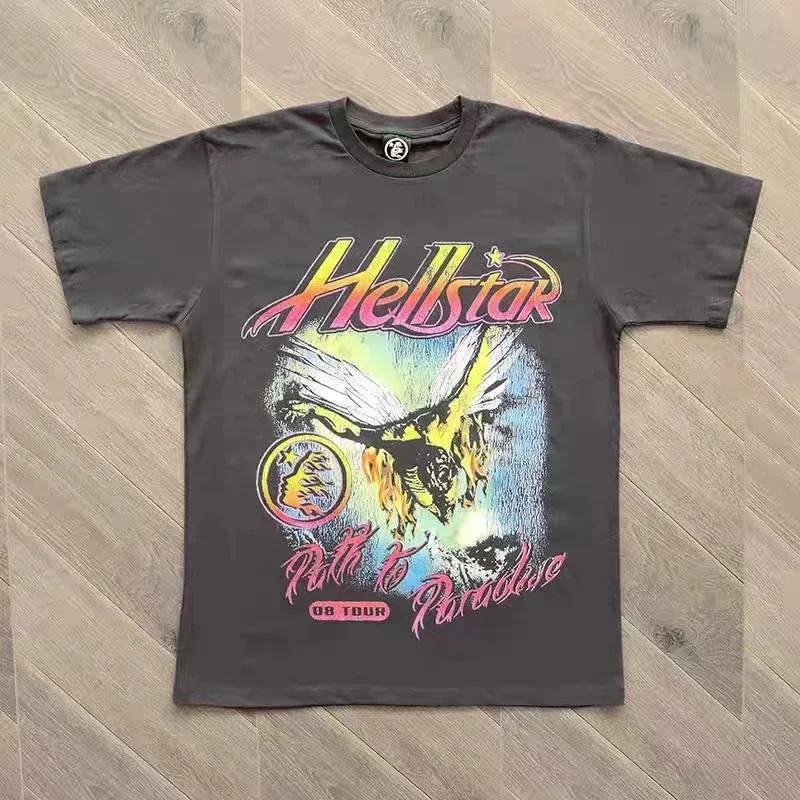 

Colorful Letters Hellstar Logo T-Shirt Cracked Metal Angel Print Tee Men Women High Quality Streetwear Casual T Shirt