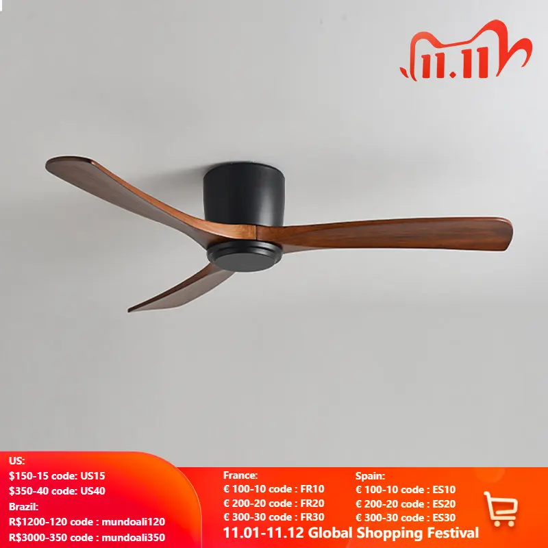 

2021 New Nordic Wood Ceiling Fan Living Dining Room Industrial Retro Commercial Low-floor Remote Control Modern Home Lamp 220V