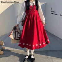 qiukichonson corduroy midi long tank dress women 2022 spring autumn soft girl japanese style kawaii high waist sleeveles dresses