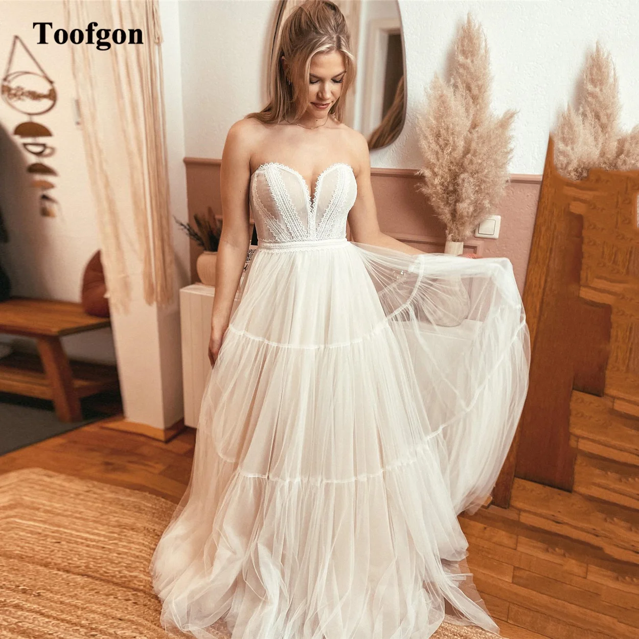 

Toofgon Boho Applique Lace Wedding Dresses Sweetheart A Line Pleats Bride Dress Formal Wedding Party Gowns vestido de noiva