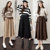 bow pocket midi long corduroy skirt women 2022 spring autumn fashion high waist pleated skirt female khaki a line skirt