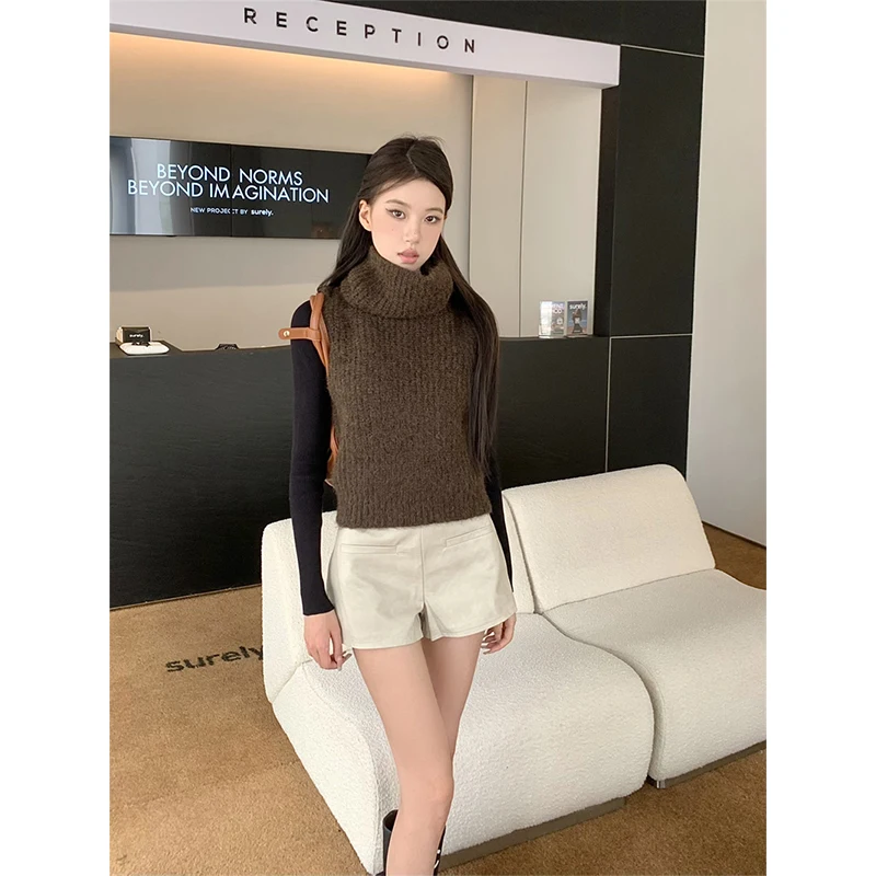 Винтажный укороченный свитер MEXZT жилет Женская водолазка без рукавов вязаные