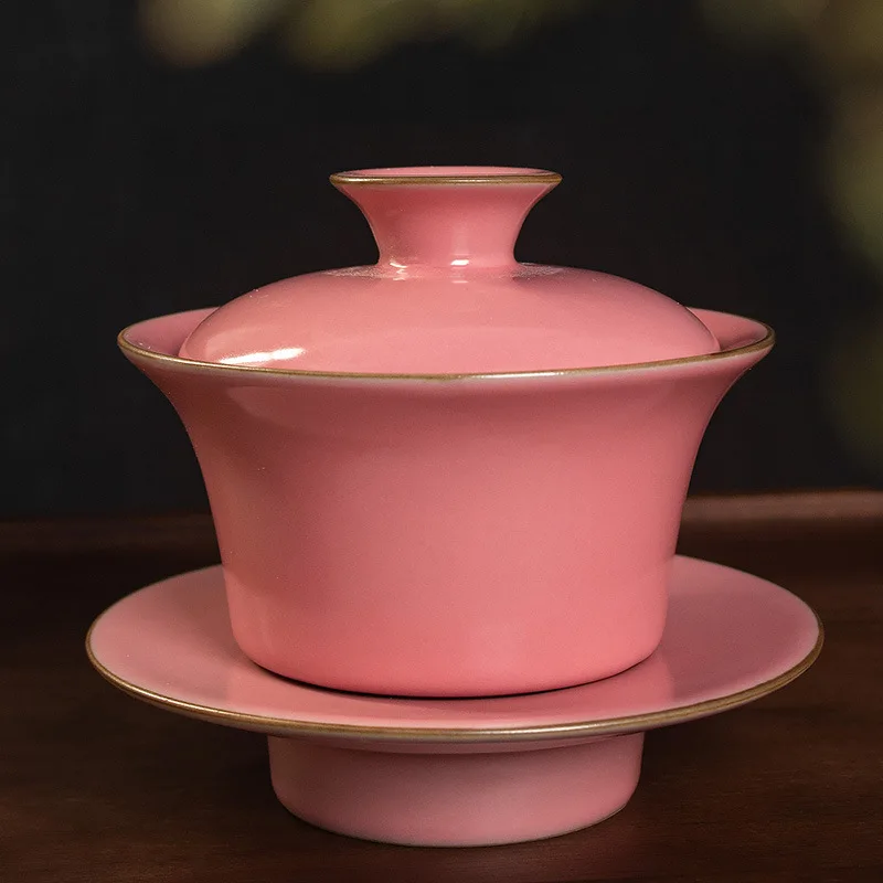 

Pink Ru Kiln Covered Bowl Teacup Sancai Set Tea With Cover Single Ceramic Kung Fu Can Be Raised Tureen Drinkware Teaware