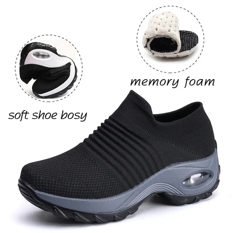 Женские прогулочные туфли без шнуровки с поддержкой свода стопы, удобные носки из пены с эффектом памяти, кроссовки с воздушной подушкой, нескользящая спортивная обувь для женщин
