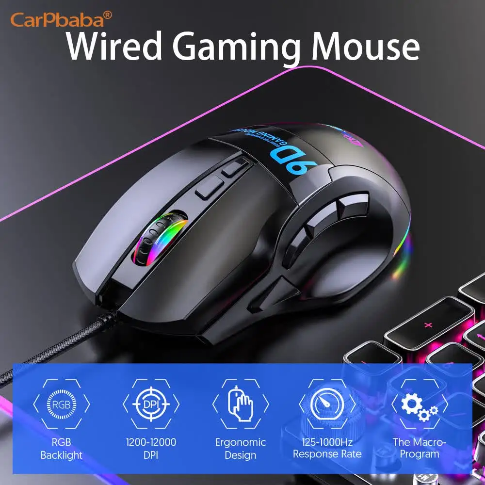 Фото Игровая мышь с разрешением 12000 DPI, 9 кнопок, оптическая, USB, проводная, оптом, компьютерные аксессуары, RGB, киберспортивная, высококачественная №1