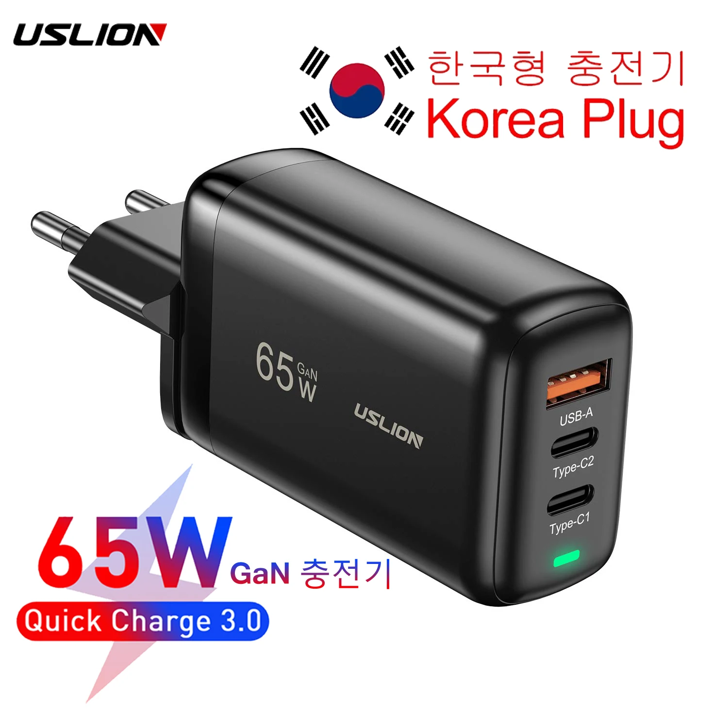 

USLION 65W USB Type C GaN зарядное устройство для ноутбука, планшета, Macbook, Корейская вилка, быстрая зарядка PD для iPhone 14 13 12 Pro Max Samsung POCO