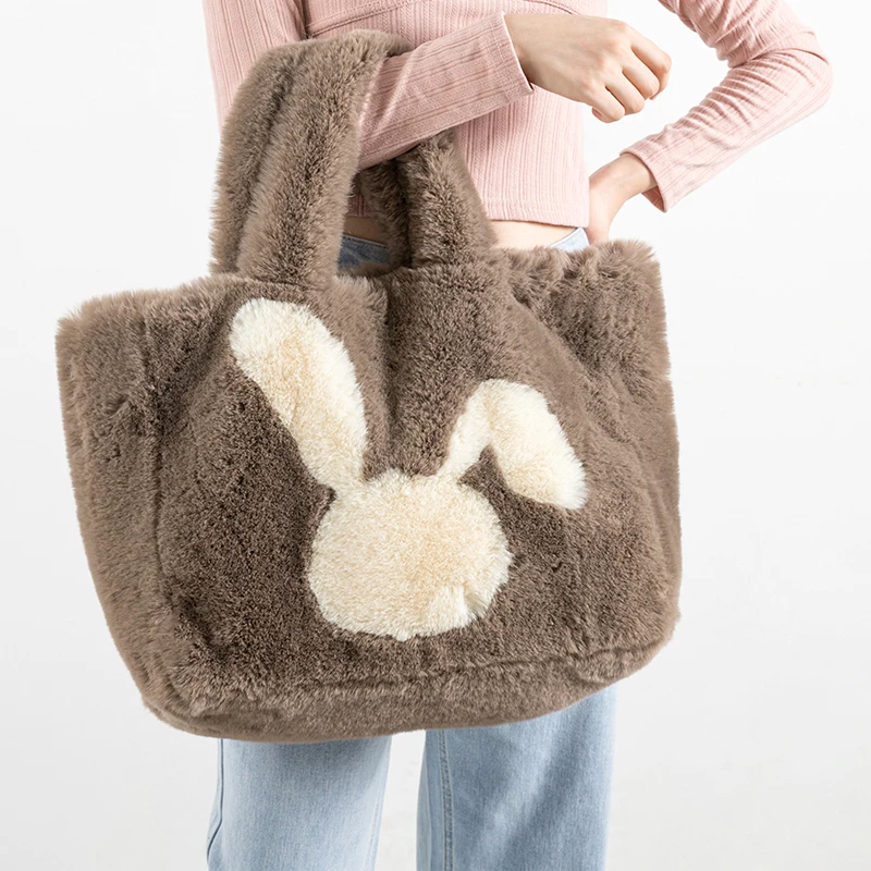Casual Fluffy Plush Large Tote Bag Cute Cartoon Pattern Women Handbags Luxury Faux Fur Shoulder Bags Warm Winter Big Purses 2022