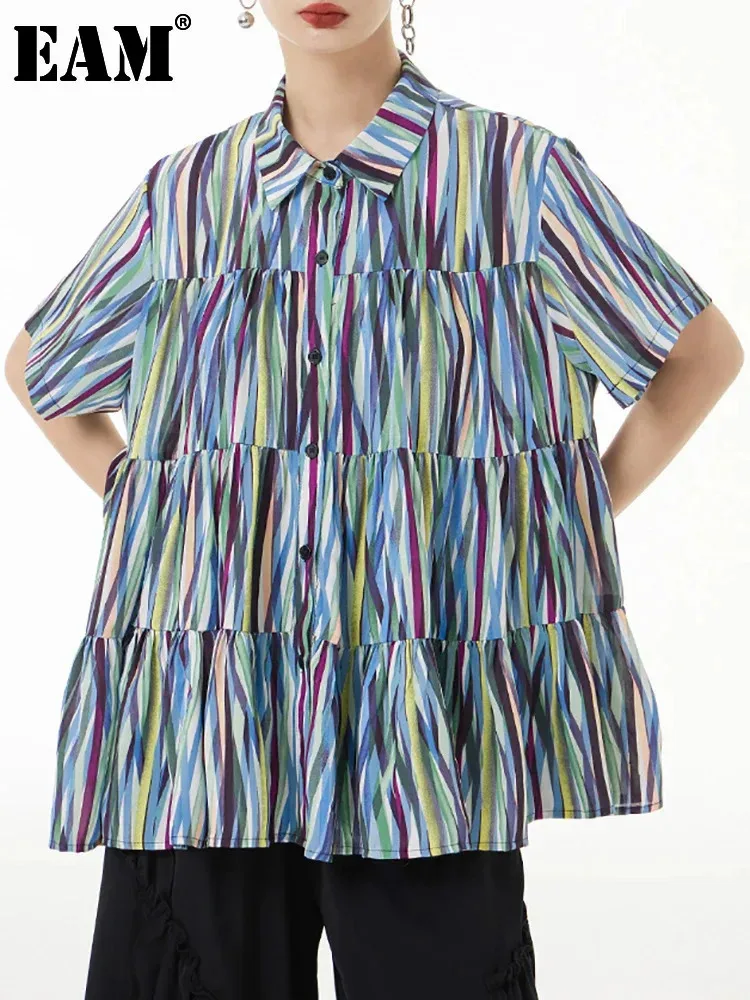 [EAM] Женская тонкая блузка в красочную полоску большого размера новая свободная