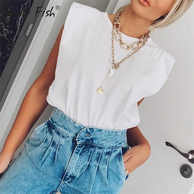 

Fashion Cotton White Shirts Sleeveless Women's T-Shirt Camis Striped Solid Blusas Streetwear Casual Lady O-neck Tees Tops M0744