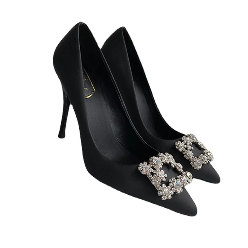 Satin Single Shoes Pointed Rhinestone Leather Leather High -heeled Women's Shoes