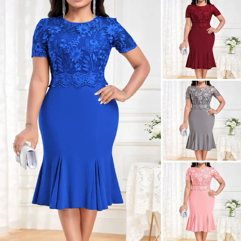 

Autumn Fashion Embroidery Lace Splice Dress Women Sexy O-Neck Short Sleeve High Waist Hip Wrapped Fishtail Gown Party Dresses