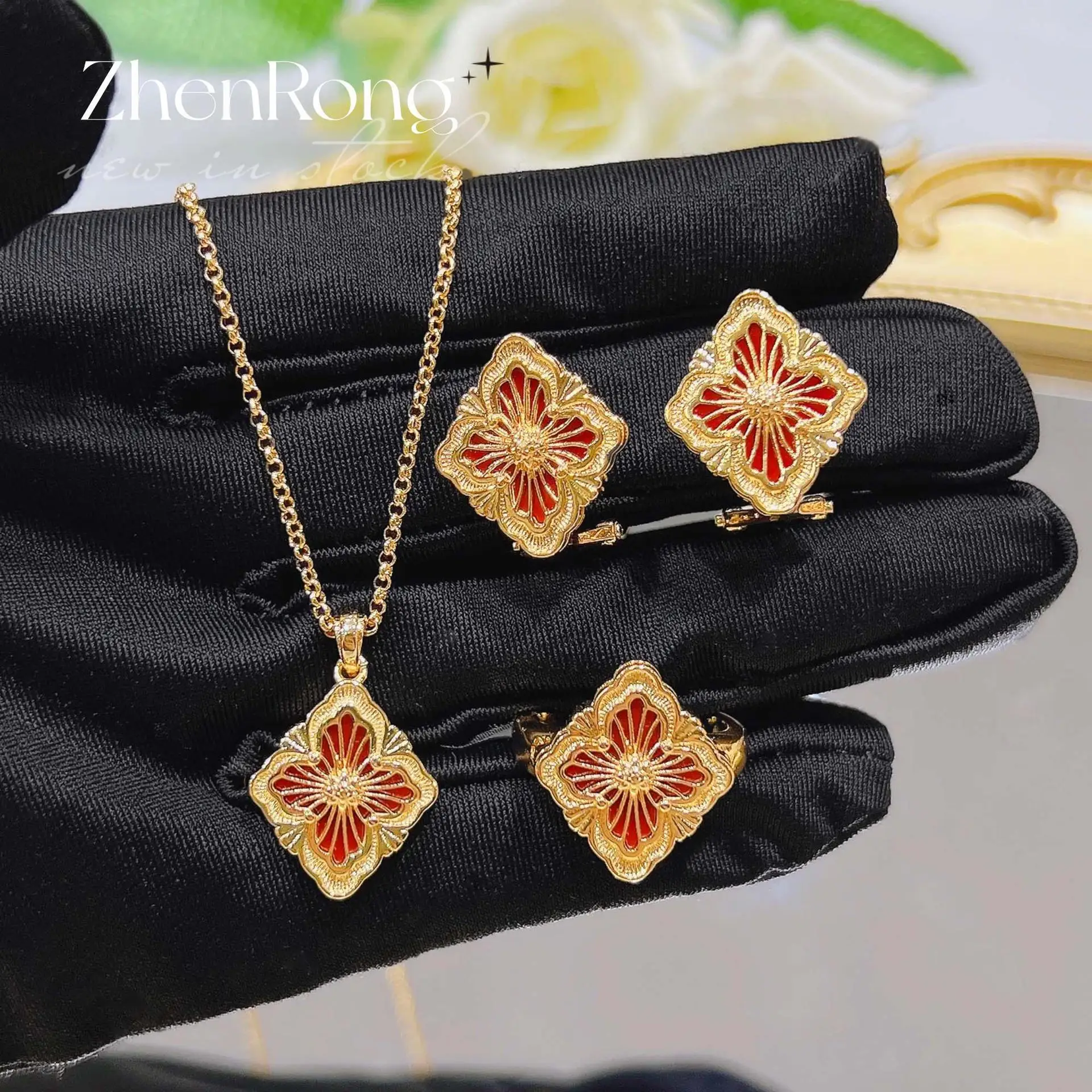 

Foydjew Italian Vintage Fritillaria Jewelry Sets Four-leaf Clover Bracelets Necklaces Rings Earrings Women Wedding Accessories