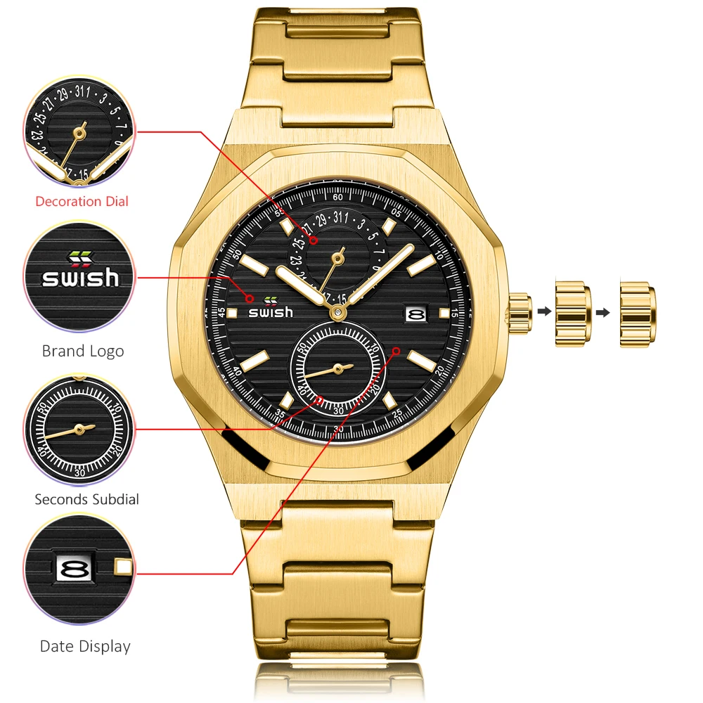 Fashion octagonal quartz watch men's top brand luxury gold stainless steel watch men's waterproof
