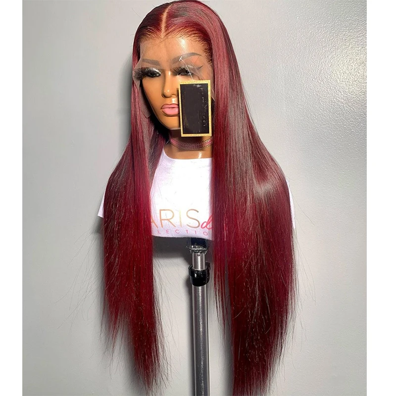 

26Inch 180%Density Burgundy Pre Plucked Brazilian Silky Straight Soft Lace Front Wig For Women With Baby Hair Daily Wigs