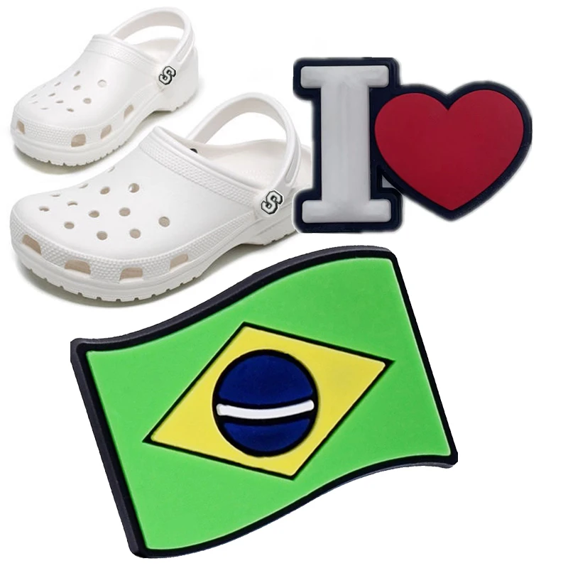 

I Love Brazil 2 Piece National Flag Pins For Croc Shoe Charms Accessories PVC Clog Decoration Croc Pin Bracelet Kids Gifts