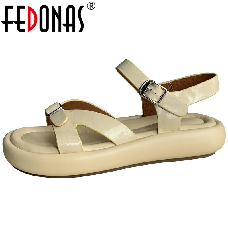 

FEDONAS Summer Women Sandals Concise Fashion Buckle Genuine Leather Flats Platforms Rome Style Office Ladies Casual Shoes Woman