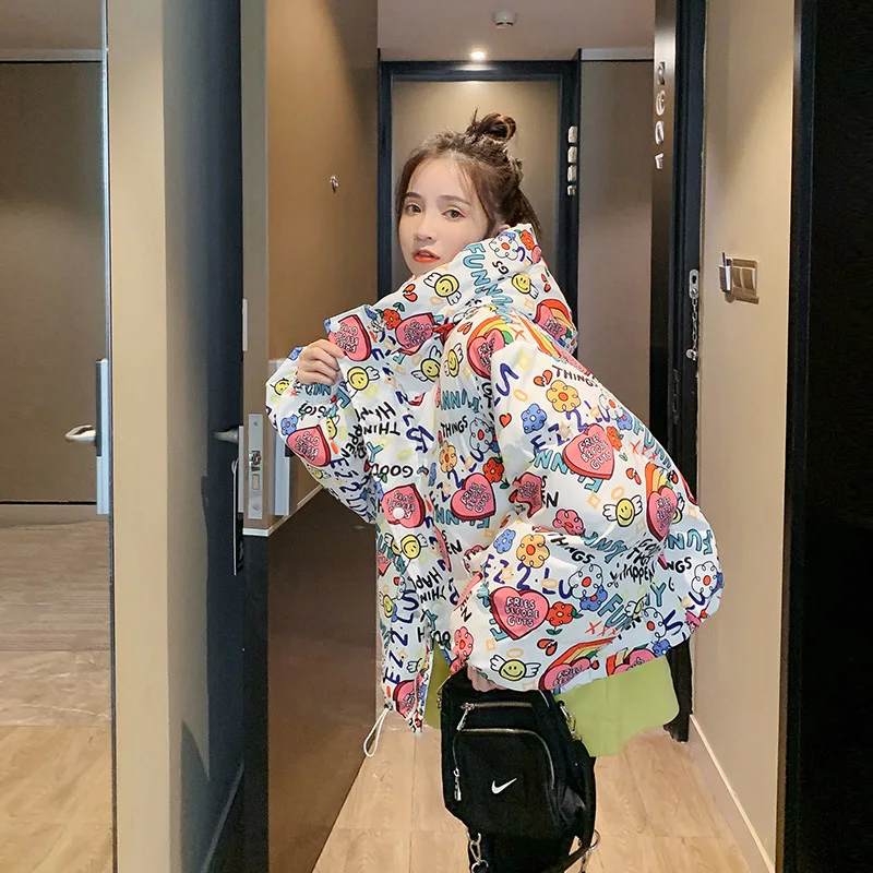 New Hooded Down Jacket Women's Skinny Graffiti Print Thickened Cotton Jacket White Duck Down Short Section Bread Clothes Jacket