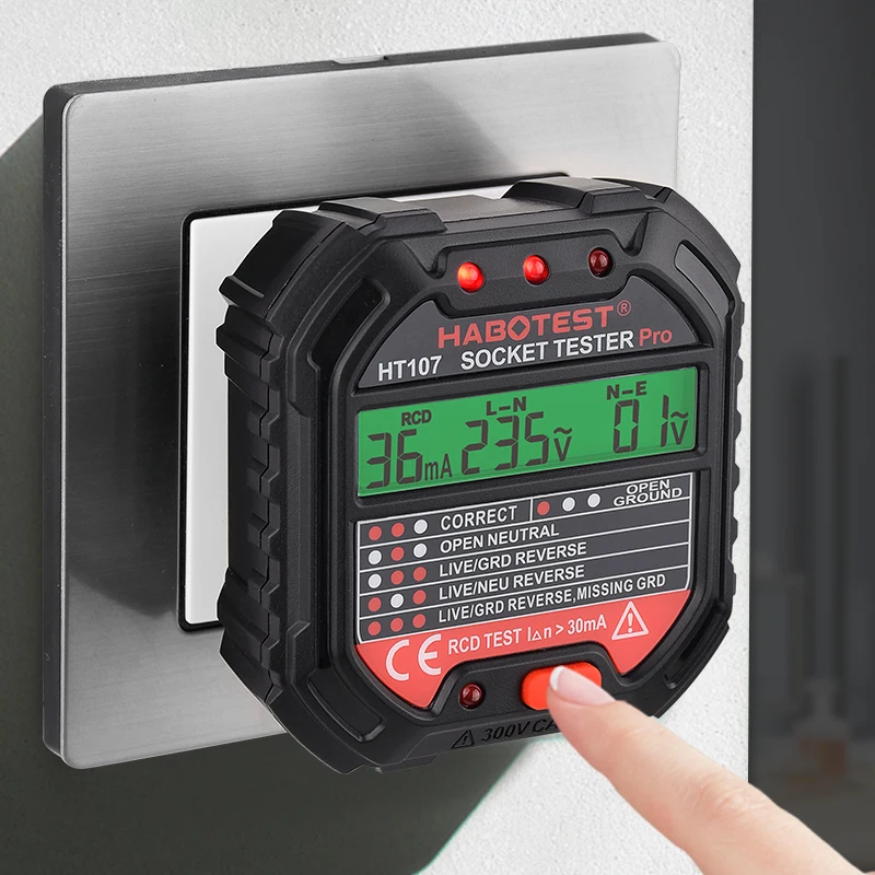 Habotest HT107 Socket Tester Pro Voltage Test RCD 30mA Detector UK EU Plug Ground Zero Line Polarity Phase Check | Инструменты