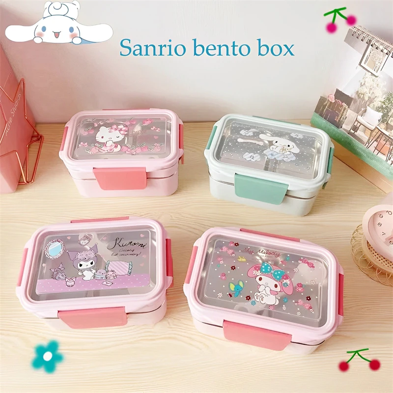 

Sanrio Kawaii Kuromi Lunch Box Cartoon Cinnamoroll Stainless Steel Double-layer Fruit Preservation Box Cute Insulation Lunch Box