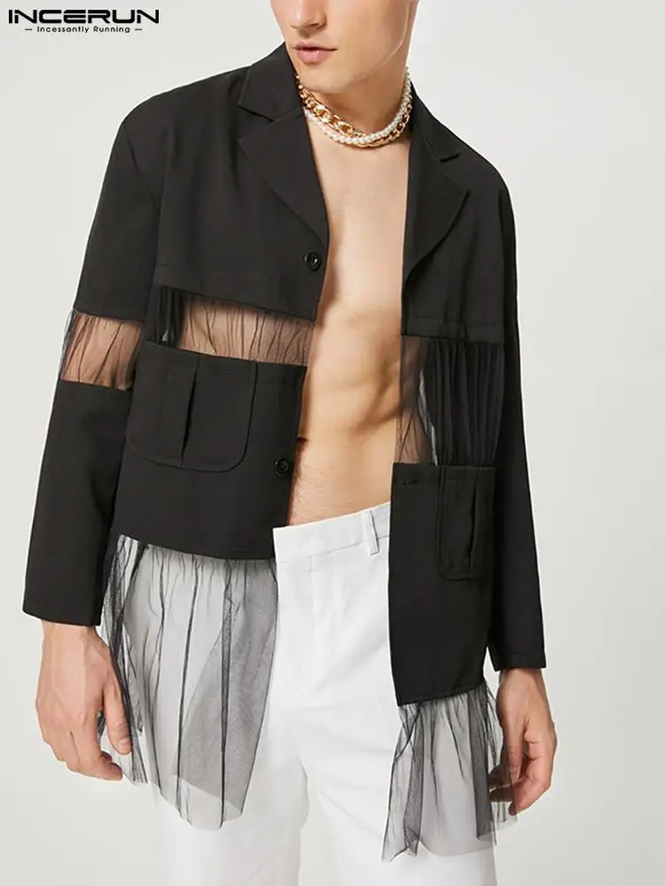 

INCERUN Men Blazer Mesh Patchwork Transparent Sexy Lapel Long Sleeve Irregular Jackets 2022 Streetwear Fashion Party Men Suits