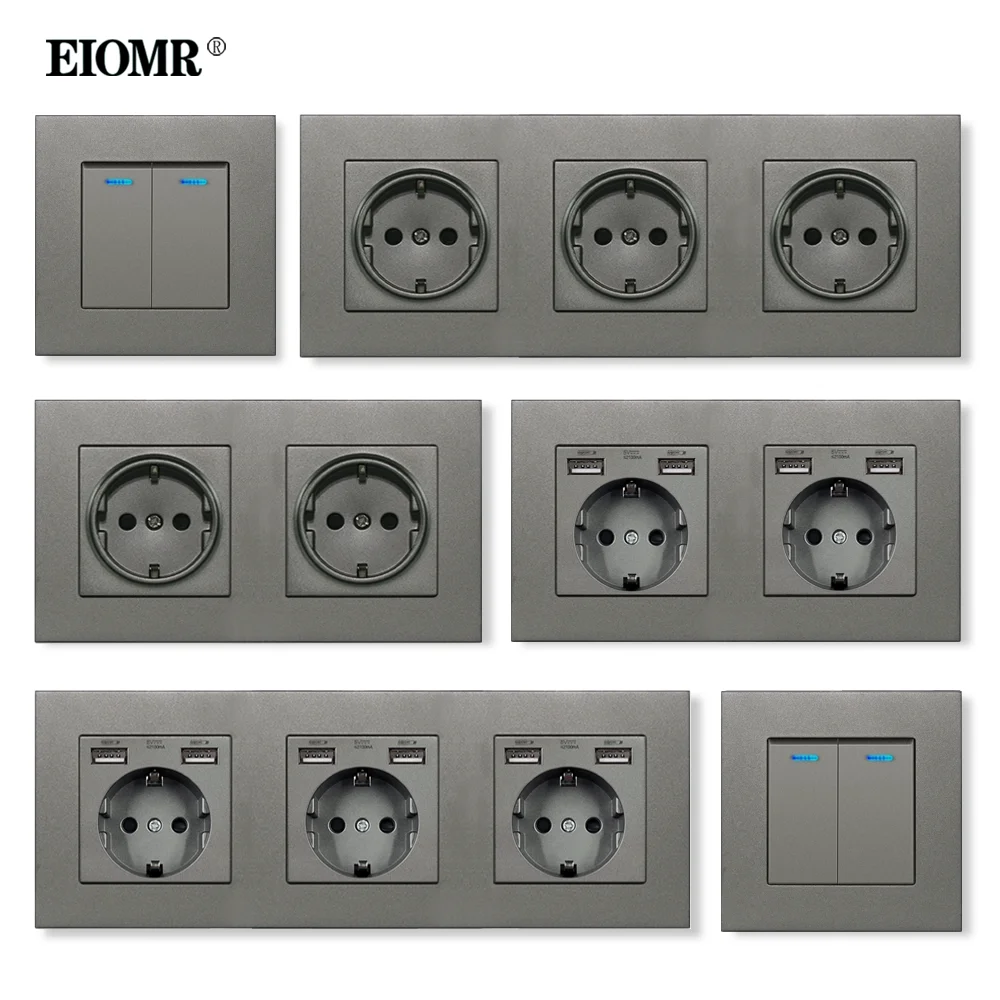 

EIOMR EU Wall Grey Socket 16A AC 110~220V Germany Standard Power Outlet 1/2/3 Gang Light Switch Home Improvement Electric Socket