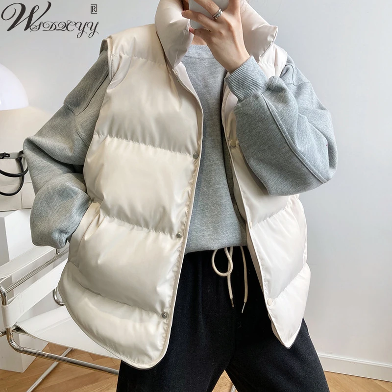 

Women Coat Stand Collar Winter Vest 2022 New Fashion Warm Oversize Down Sleeveless Jacket Tops Female Casual Zipper Waistcoat