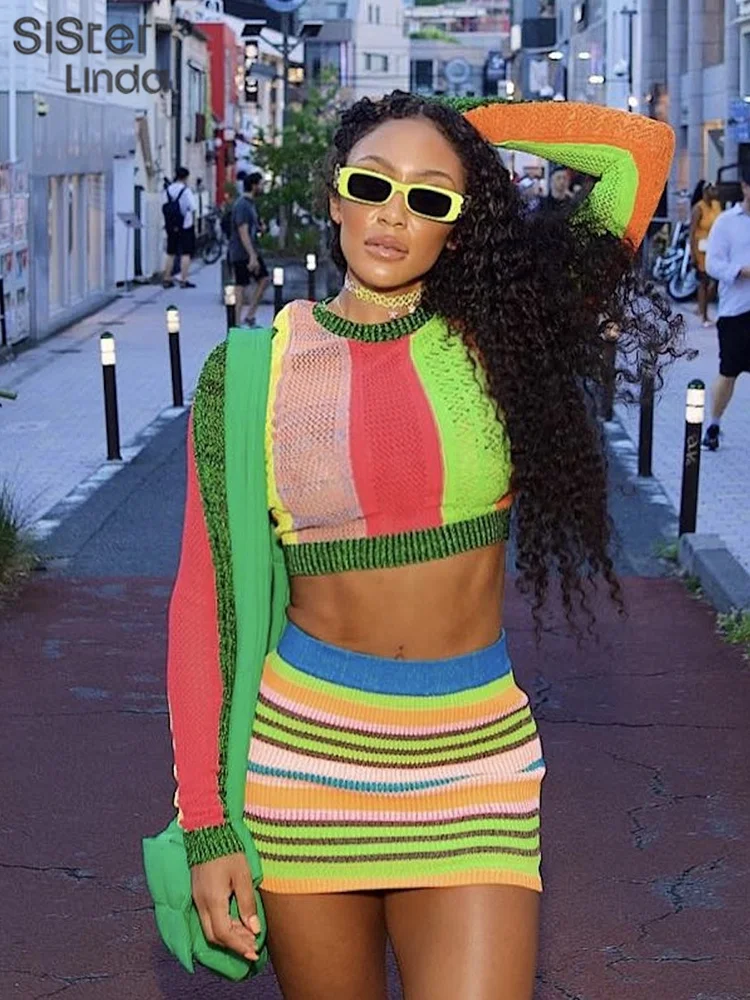 Женский топ в полоску Sisterlinda разноцветный эластичный хипстерский с сетчатыми