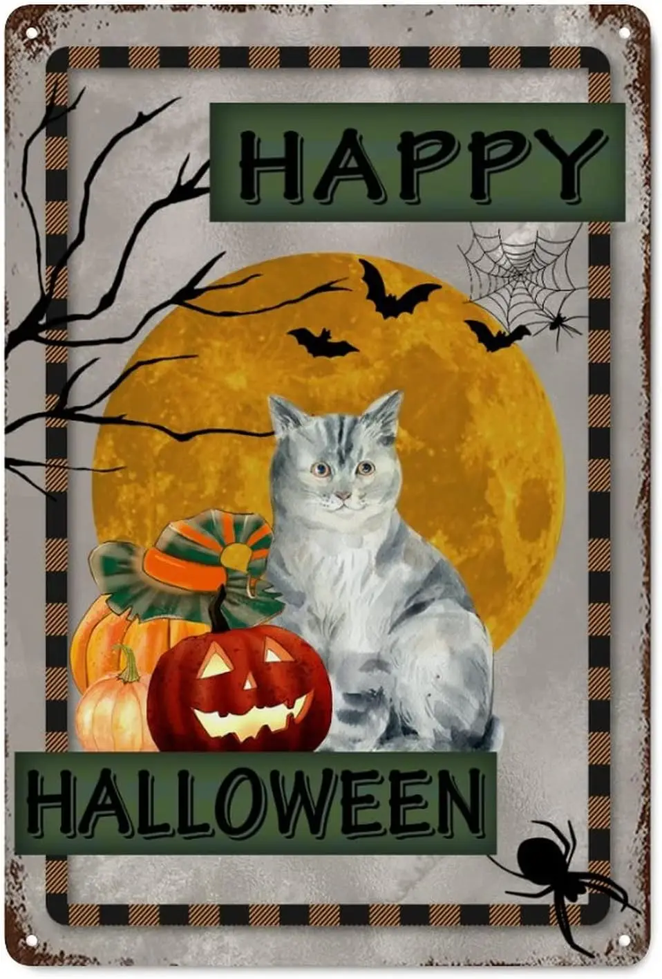 Черная кошка на Хэллоуин тыква летучая мышь Луна табличка стену Жестяная