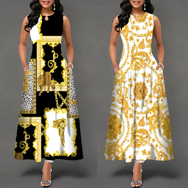 

Women Ethnic Printed Retro Loose Casual Pocket Sleeveless Summer Long Bohemian Maxi Dresses