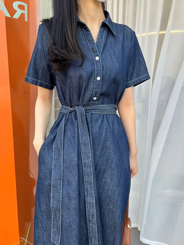 

Женское джинсовое платье-макси на пуговицах, с коротким рукавом