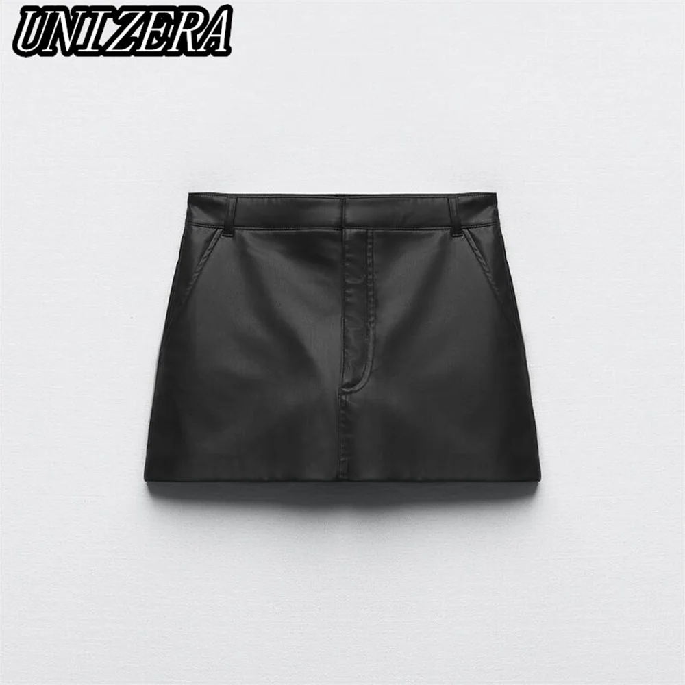 

UNIZERA Spring and Summer New Women's Basic Style Simple and All-match Faux Leather High Waist Mini Skirt Pants 7102501