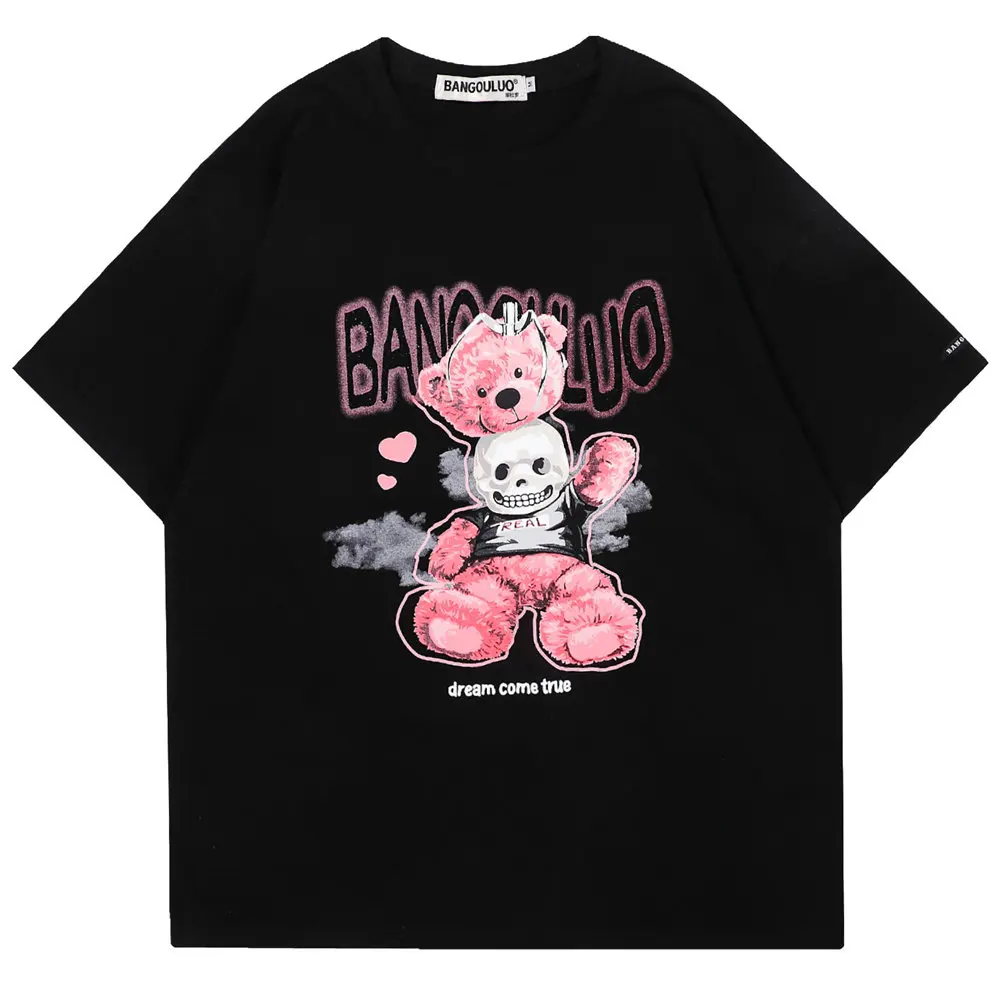 

Oversized T-shirt Funny Bear Print Cotton O-neck Tops T Shirts 2022 Summer Short Sleeve Harajuku Casual Hip Hop T Shirt for Men