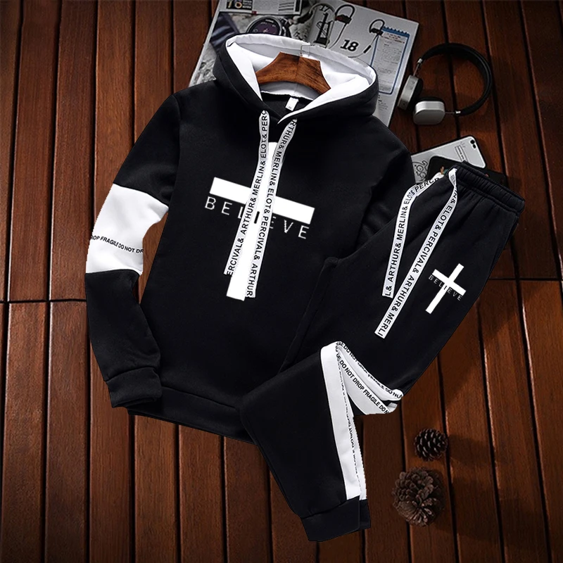 

Men'S I Believe In Jesus Christ Printed Hoodie Suit Drawstring Pullover + Pants 2-Piece Casual Street Hip-Hop Jogging Sportswear