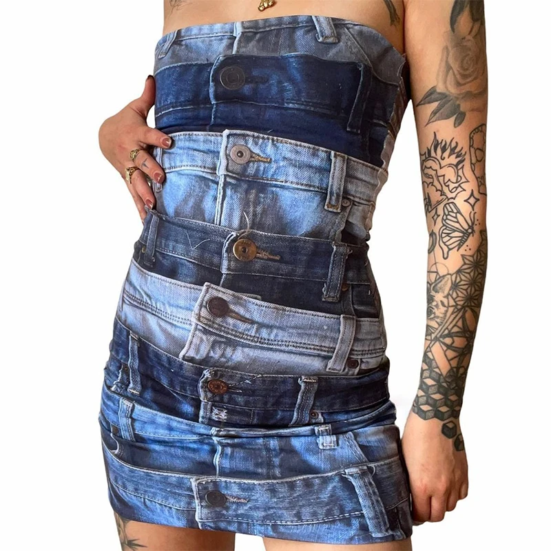 

HOTCY Jean 3D Printed Y2k Short Dresses for Women 2023 Bodycon Backless Strapless Party Summer Streetwear New in Dresses
