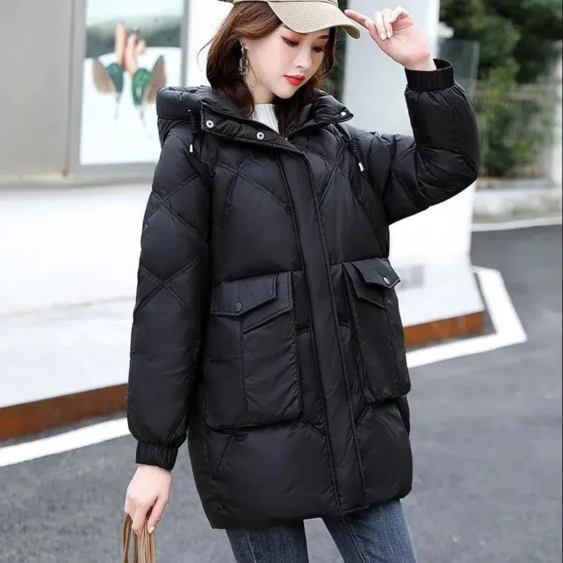 Loose Hooded Cotton Padded Thicken Parkas Solid Winter Snow Wear Warm Windproof Outwear Korean Glossy Long Sleeve Pockets Jacket