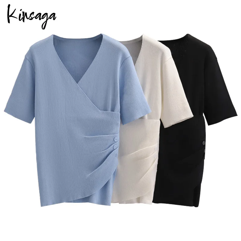 

Summer Chic Point Cross Ruched Short Sleeve Black Knitted Sweater Women Korean V-neck Button Irregular Silk Ice Jumper Tops