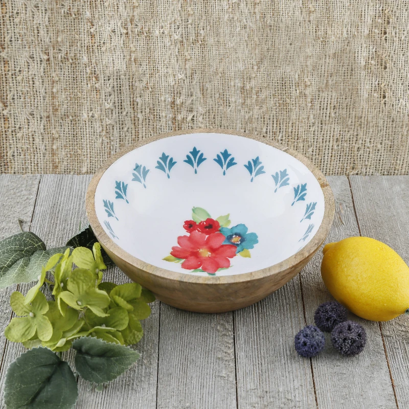

Camping Woman 7" Blue Border Breezy Blossoms Wood/Enamel Salad Bowl, set of 2