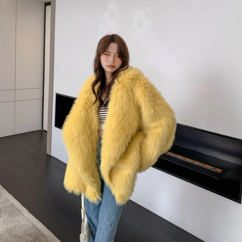 Gentle Luxury Fur Coat For Women Fluffy Furry Faux Fur Jackets Girl Turn-Down Collar Street Outerwear Lady Fashion Warm Overcoat