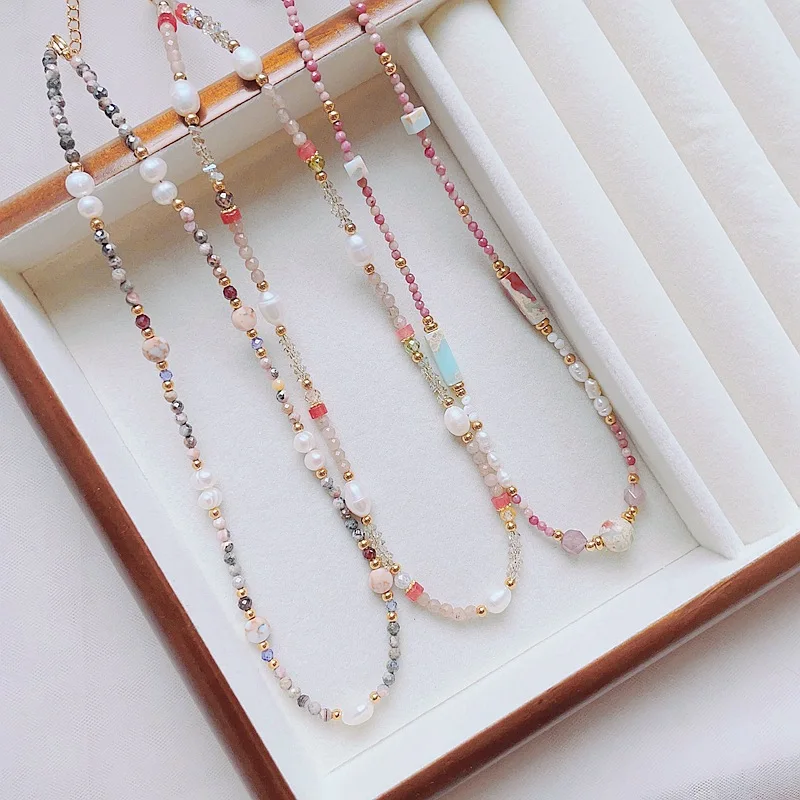 

Minar Handmade Multicolor Natural Stone Freshwater Pearl Strand Beaded Necklaces for Women 18K Gold Plated Titanium Steel Choker