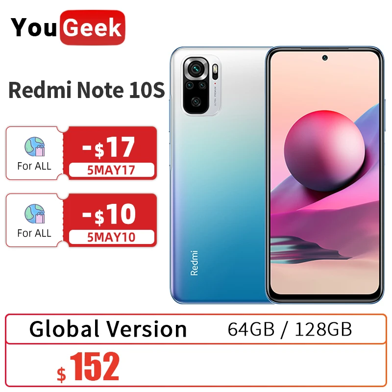 Смартфон Xiaomi Redmi Note 10S 64 ГБ/128 ГБ Helio G95 камера мп AMOLED экран 6 43 дюйма 5000 мАч 33 Вт