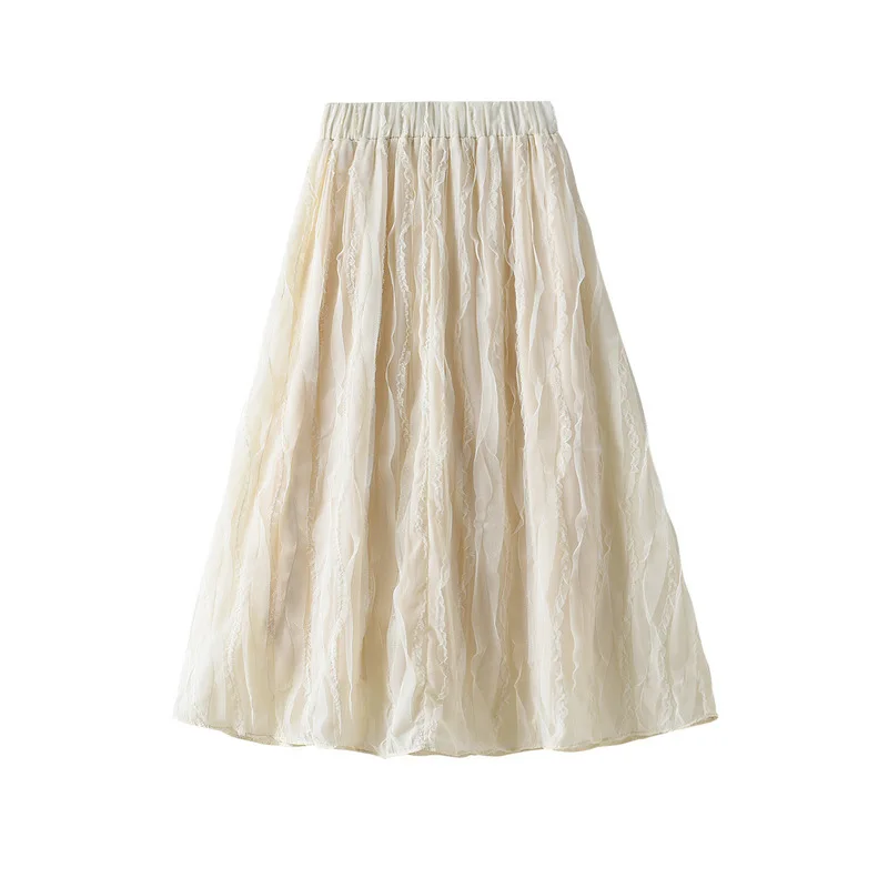 2022 Spring Summer Midi Long Lace Tulle Skirt Women Fashion High Waist Sun Fluffy Pleated Skirt Female Elegant Skirt