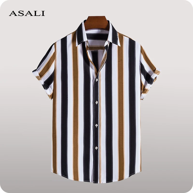 

Summer Casual Shirts Men's Short Sleeve Striped Shirts 2022 Fashion Print Blouses Men Streetwear Brand Loose Tee Shirt Tops Men