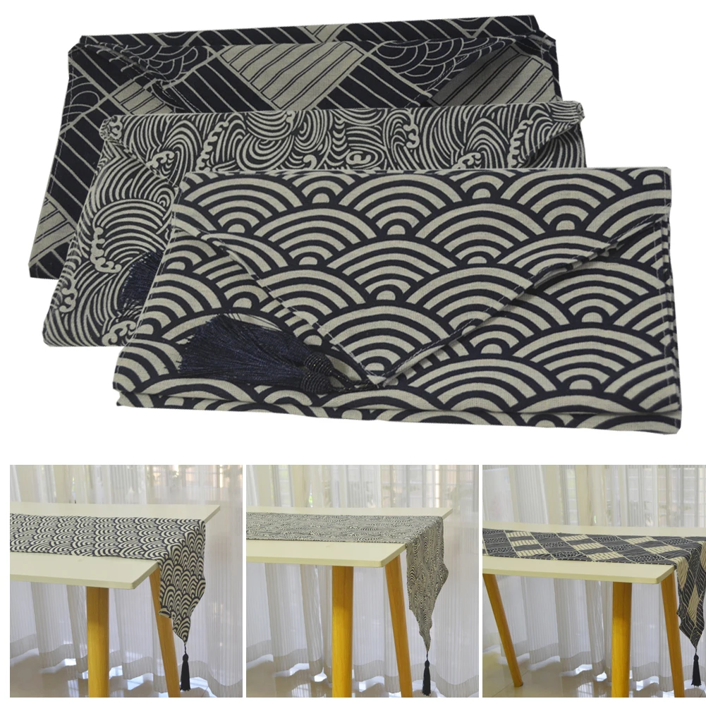 

Printed Ukiyoe Weave Japan Style Home Table Runner Linen Cotton Tassel Table Runners Tea Table Shose Cabinet cover Table Flag