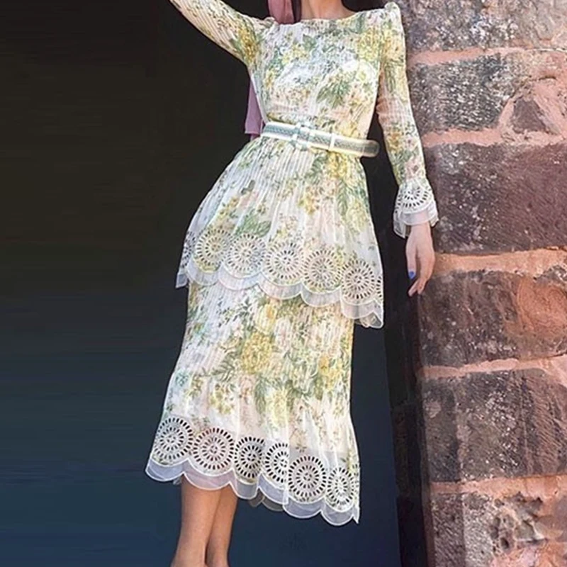 

New Elegance Lantern Sleeve Dress Embroidery Lace Green Vintage Vestido Women Clothing High Waist Boho Maxi Dresses XL