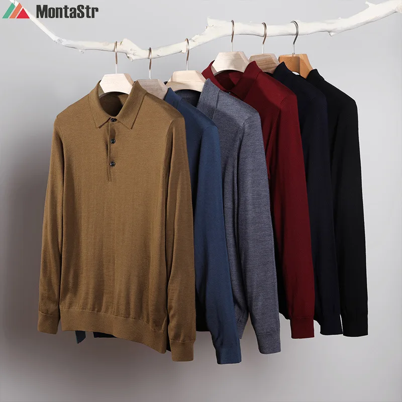 

2022 Luxury 100% Superfine Merino Worsted Wool POLO-collar Spring Autumn Men Pullovers Father Boy Bussiness T-shirt