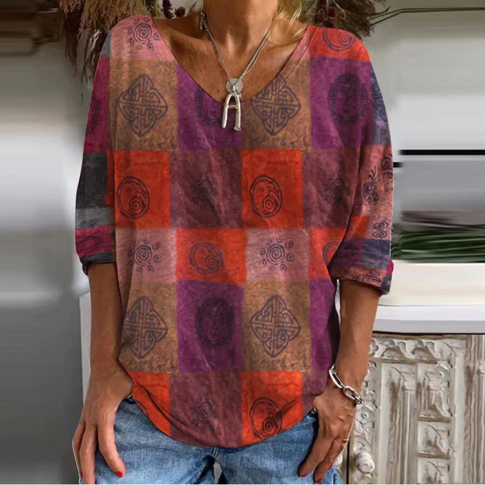 

Womens Solid Black Tees Womens Casual V Neck Half Sleeve Vintage Print Top Fashion Bright Color Fashion Women Tunic Short Sleeve