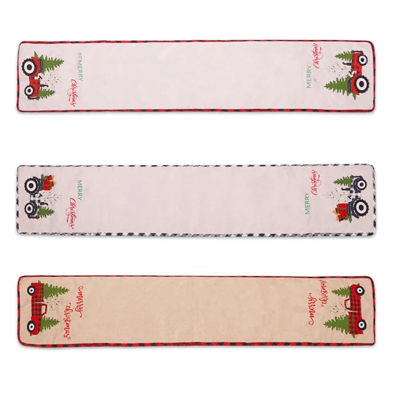 

Christmas Decorations Red And Black Grid Linen Machine Embroidery Cartoon Tractor Table Runner Home Table Cloth