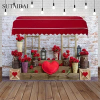 Valentine's Day Photography Backdrop Red Roof Love Heart Backdrops Red Rose Bouquet Brick Wall Wood Background Photography Props