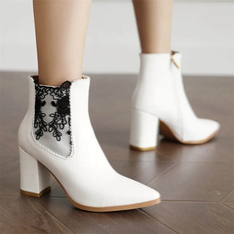 

Women Shoes Luxury Fashion Chunky High Heel Crocodile Plaid 2022 New Women Ankle Boots Plus Size Pointed Elegant Sexy Lady Boots