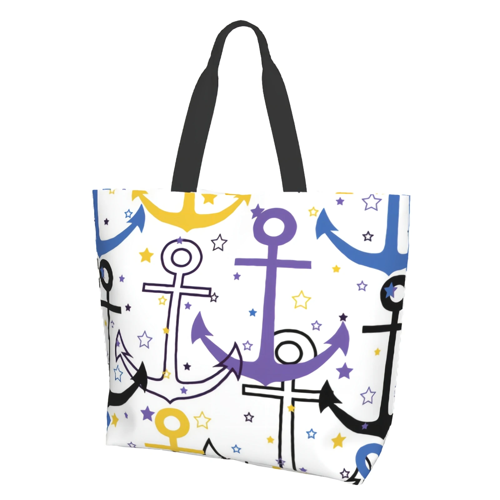 

Blue Nautical Anchors Black White Multicolor Stars Celebration Canvas Tote Bag for Women Weekend Kitchen Reusable Grocery Bag
